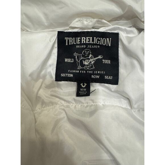 True Religion White Lightweight Puffer Jacket Women’s Medium Logo Zip Coat - Picture 4 of 6